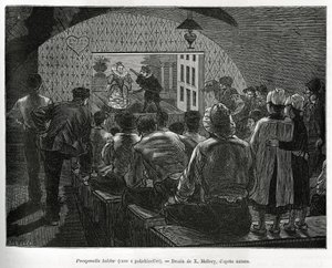 Adega a Polichinelles, uma adega concebida para espectáculos de marionetas. Gravura de X.Mellery, para ilustrar a história da Bélgica, de Camille Lemonnier, publicada no Tour du monde, editado por Edouard Charton (1807-1890) de Xavier Mellery