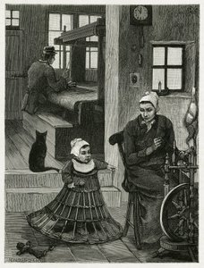 Interior da habitação e oficina do tecelão, com o tecelão e a roda, assim como uma criança com uma saia de vime que o ajuda a dar os primeiros passos. Gravura de X.Mellery, para ilustrar a história "La Belgique", de Camille Lemonnier (1844-19