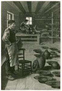 O oleiro de Terneuzen, em sua oficina, entupido com vasos e pratos, perto da janela, o oleiro trabalha o barro no arnês e seu aprendiz, abaixo, trabalha a curva. Gravura de X.Mellery, depois da natureza, para ilustrar a história "Bélgica", em 188 de Xavier Mellery
