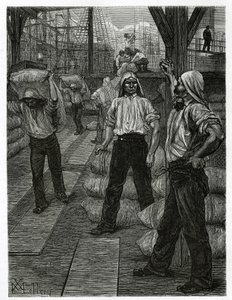 A descarga de um navio, os estivadores com a cabeça coberta com uma tampa de alcatrão, empilham a mercadoria nas docas do porto de Antuérpia. Gravura de X.Mellery, para ilustrar a história da Bélgica, de Camille Lemonnier, publicada no Tour du monde, edita