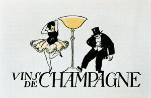 Vinheta publicitária para vinhos Champagne representando um casal a dançar à volta de uma chávena, século XX (cartaz) de Xavier Nogues