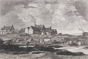 Paisagem rural com um rio à direita e casas ao fundo, 1845-75. de Xavier de Dananche