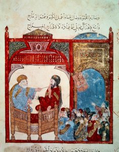 O navegador errante Abu-Zayd (Abu Zayd, Abu Zayd) Professor em miniatura do "Maqamat" (Seances) de Abu Mohammed al-Kasim ibn Ali Hariri (ou Al-Hariri ou Al Hariri) (1054-1122) alistado por Yahya Mahmud al-Wasiti (al-Wasiti) em 1237, Paris, Paris, B de Yahya ibn Mahmud Al Wasiti