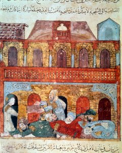 O navegador errante Abu-Zayd (Abu Zayd, Abu Zayd) e os mercadores adormecidos Miniatura retirada do "Maqamat" (Seances) por Abu Mohammed al-Kasim ibn Ali Hariri (ou Al-Hariri ou Al Hariri) (1054-1122) alistado por Yahya Mahmud al-Wasiti (al-Wasiti) em de Yahya ibn Mahmud Al Wasiti