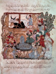 O navegador errante Abu-Zayd (Abu Zayd, Abu Zayd) em frente aos seus ouvintes em miniatura do "Maqamat" (Seances) de Abu Mohammed al-Kasim ibn Ali Hariri (ou Al-Hariri ou Al Hariri) (1054-1122) alistado por Yahya Mahmud al-Wasiti (al-Wasiti) em 1237, de Yahya ibn Mahmud Al Wasiti