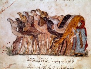 Um grupo de camelos e camelos, caravana no deserto. Página de "Maqamat" (Seances), poema picaresco do século XI do poeta árabe Abu Mohammed al-Kasim ibn Ali Hariri (ou Al-Hariri ou Al Hariri) (1054-1122) ilustrado por Al-Wasiti (al-Wasiti) de Yahya ibn Mahmud Al Wasiti
