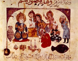 Abou-Zayd na taberna Hanah, miniatura de "Maqamat" (Dizeres), ms. 3929, fol. 34v de Yahya ibn Mahmud Al Wasiti