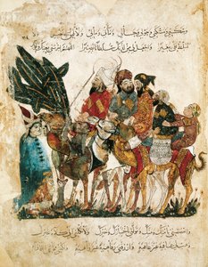 Caravana de comerciantes árabes, miniatura do Maqamat (The Meetings) de Al-Hariri, c.1240 (gouache on vellum)
