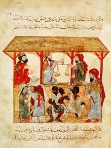 Sra. Ar 5847 f.105, A Slave Market, de "Al Maqamat" de Yahya ibn Mahmud Al Wasiti
