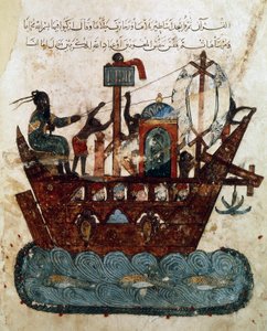 Sra. Ar 5847 f.119v, Abu Zayd e Al-Harith navegando de Basra a Omã, miniatura de Maqamat de al-Hariri (The Meetings), c.1240 (gouache no papel)