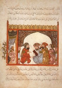 Sra. Ar 5847 f.16, Chancelaria Maragha: o governador propôs Abu Zayd para entrar em seu serviço, de Al Maqamat por Al Hariri, c.1240 (guache sobre velino) de Yahya ibn Mahmud Al Wasiti