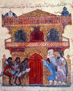 o burguês al-Harith (Al Harith), filho de Hammam, e o navegador errante Abu-Zayd (Abu Zayd) em frente ao palácio do rei Miniature do "Maqamat" (Seances) de Abu Mohammed al-Kasim ibn Ali Hariri (ou Al-Hariri ou Al Hariri) (1054-1122) enlumi de Yahya ibn Mahmud Al Wasiti