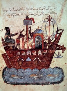 o burguês al-Harith (Al Harith), filho de Hammam, e o navegador errante Abu-Zayd (Abu Zayd) num barco miniatura do "Maqamat" (Seances) de Abu Mohammed al-Kasim ibn Ali Hariri (ou Al-Hariri ou Al Hariri) (1054-1122) alistado por Yahya Mahmud a de Yahya ibn Mahmud Al Wasiti