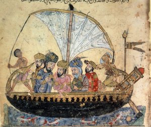 o burguês al-Harith (Al Harith), filho de Hammam, e o navegador errante Abu-Zayd (Abu Zayd) num barco que navega na Miniatura do Eufrates desde o "Maqamat" (Seances) de Abu Mohammed al-Kasim ibn Ali Hariri (ou Al-Hariri ou Al Hariri) (1054-1122) por