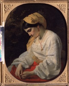 Uma jovem noiva (A Bride). Retrato de perfil de uma jovem triste com uma expressão resignada. Pintura de Yakov Fyodorovich Kapkov (1816-1854), óleo sobre tela de Yakov Fyodorovich Kapkov