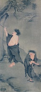 Dois eremitas chineses, Han Shan escrevendo sobre uma pedra e Shih Te preparando sua tinta, depois de um kakemono de Yan Hui e publicado na revista &39;The Kokka&39;, Japão, 6 de junho de 1906 de Yan Hui