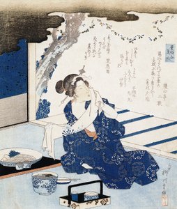 Courtesan vestindo yukata (quimono de algodão azul e branco), painel de parede é decorado com poema de Yanagawa II Shigenobu