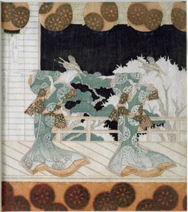 Bailarinos em traje tradicional em uma cena gravura japonesa "Surimono" de Yashima Gakutei (1786-1868) 1822 Coleção particular de Yashima Gakutei