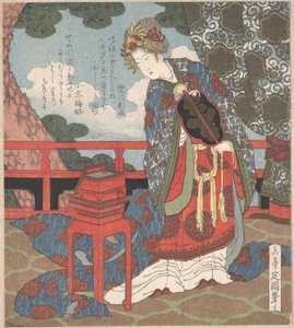 Dama com leque de pé numa varanda de Yashima Gakutei