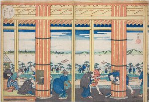 The Rain Shelter at Nii Hill by the Aji River, Osaka (Osaka Ajigawa Niiyama amayadori), da série "Famous Places in Osaka: Fine Views of Mount Tenpo (Naniwa meisho Tenpozan shokei ichiran)" de Yashima Gakutei
