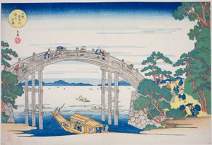 A ponte de pedra sobre o rio Aji perto de Nii Hill, Osaka (Osaka Ajigawa Niiyama ishibashi), da série "Lugares famosos em Osaka: belas vistas do Monte Tenpo (Naniwa meisho Tenpozan shokei ichiran)" de Yashima Gakutei