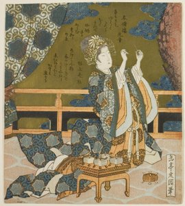 Duas mulheres chinesas examinando um fio e uma teia de aranha em uma caixa, da série "Díptico para o grupo de tambores" de Yashima Gakutei