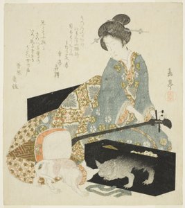 Mulher com Shamisen e gato de Yashima Gakutei