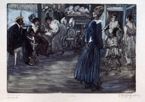 Oficina de moda (oficina de moda). Sala de apresentação para modelos de alta costura, mulheres desfilam na frente de um casal em uma sala privada. Obra de Yelisaveta (Elisabeth) Sergeyevna Kruglikova (Elizaveta Sergeevna Krouglikova) (1865-1941), monotipia