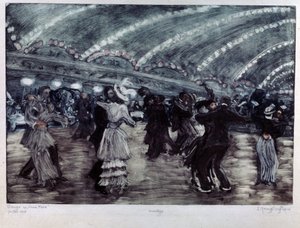O Tango a Luna Park (Dança do Tango no Luna Park). Casais de dançarinos em um amplo piso, iluminado do teto por guirlandas de luz. Obra de Yelisaveta (Elisabeth) Sergeyevna Kruglikova (Elizaveta Sergeevna Krouglikova) (1865-1941), gravura (