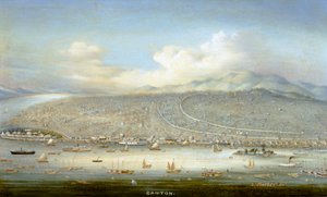 Vista de Cantão com a ilha de Shamian em 1865, c.1880 (óleo sobre painel) de Yichang Yichang