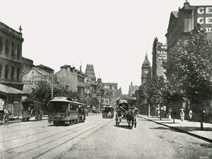 Collins Street, olhando para oeste da Russell Street, Melbourne, Austrália, 1895. de York and Son