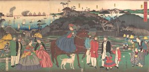 Estrangeiros visitando o famoso local do Monte Gongen em Kanagawa, 2º mês, 1861. de Yoshikazu