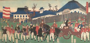 Foto de uma procissão de estrangeiros em Yokohama, 2º mês, 1861.