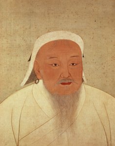 Retrato de Genghis Khan (c.1162-1227), Mongol Khan, fundador da dinastia imperial, o Yuan, tornando a China o centro do grande Império Mongol (1260-1368), (tinta e wc em seda, bordado estampado de seda