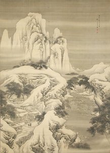 Pousada e Viajantes em Snowy Mountains, datada de 1745. de Yuan Yao