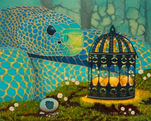 Serpente azul e ovos brilhantes, 2023 (óleo sobre tábua de madeira)
