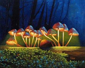 Cogumelos brilhantes à luz da noite, 2023 (óleo sobre tela) de Yue Zeng