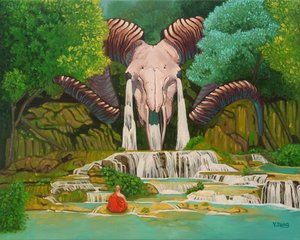 Cascata de crânios de carneiro, 2023 (óleo sobre tela) de Yue Zeng