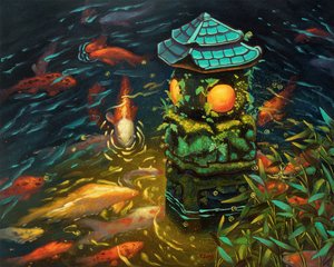 Lanterna de pedra com peixes koi, 2023 (óleo sobre tela) de Yue Zeng