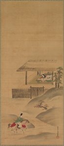 Minamoto no Nakakuni Visits Lady Kogo, Tríptico de pergaminhos pendurados, final de 1600 (tinta e cor em seda)
