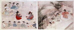 Art coreen: cena de combate das mulheres na vida quotidiana. Impressões de Sin Yun Bok (ou Hyewon fez em 1758). Século XVIII ou XIX. Colecção Hyung Pil Chun de Yun bok Sin