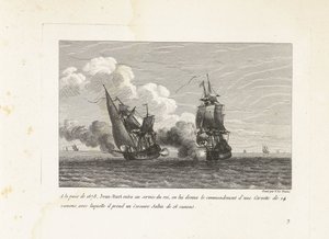 Jan Bart em dienst van de koning van Frankrijk, 1678
Na paz de 1678, Jean-Bart entrou ao serviço do rei e recebeu o comando de uma corveta de 14 armas, com a qual levou um corsário de 16 armas Saltin (título sobre o objecto)
Compêndio de combates