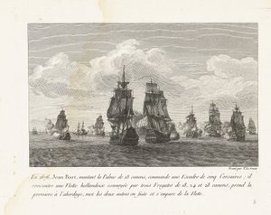 Jan Bart valt met zijn eskader een Hollandse vloot aan, 1676
Em 1676, Jean Bart, montado na Palma de 18 armas, comandou um esquadrão de cinco corsários (...) (título sobre o objecto)
Recueil des combats de Jean-Bart, chef d