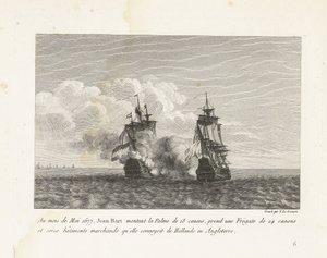 Jan Bart verovert een Hollands fregat, 1677
Em Maio de 1677, Jean-Bart montou a Palma de 18 tiros e levou uma fragata de 24 tiros e dezasseis navios mercantes da Holanda para Inglaterra (título sobre o objecto)
Recueil des combats de Jea