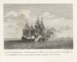 Jan Bart verovert een Hollands fregat, 1677
Em Setembro de 1677, Jean-Bart montou a Palme de 18 armas e embarcou num navio holandês de 36 armas, com vários navios mercantes sob o seu comboio (título sobre o objecto)
Recueil des combates d