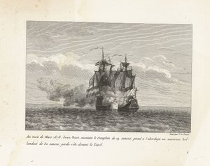 Jan Bart verovert een Hollands fregat, 1678 Em março de 1678, Jean-Bart, montando o Dauphin de 14 canhões, embarcou em um navio holandês de 32 canhões, guarda costeira em frente ao Texel (título no objeto) Coleção das lutas de Jean-Bart, chefe de Es