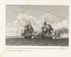Jan Bart verovert een Hollands fregat bij Duinkerke, 1675
No mesmo ano de 1675, Jean-Bart montou um Corsário de 10 armas; ao deixar o Porto de Dunquerque, levou uma fragata holandesa de 12 armas (título sobre o objecto)
Recueil des combats de Jean-Bart, 