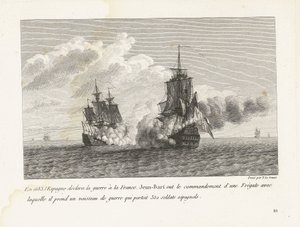 Jan Bart verovert een Spaans schip conheceu 350 soldados aan boord, 1683 Em 1683, a Espanha declarou guerra à França, Jean-Bart tinha o comando de uma fragata com a qual tomou um navio de guerra que transportava 350 soldados espanhóis (título no obje
