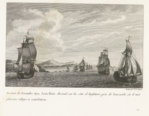 Jan Bart voor de Engelse kust bij Newcastle, 1692
Em Novembro de 1692, Jean-Bart desceu à costa de Inglaterra, perto de Newcastle, onde pôs várias aldeias a contribuir (título sobre o objecto)
Recueil des combats de Jean-Bart, chef d