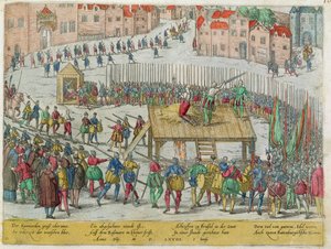 A Execução de Vinte Nobres Líderes incluindo os Condes Egmont e Horn pelo Duque de Alva em Bruxelas de Zacharias (school of) Dolendo